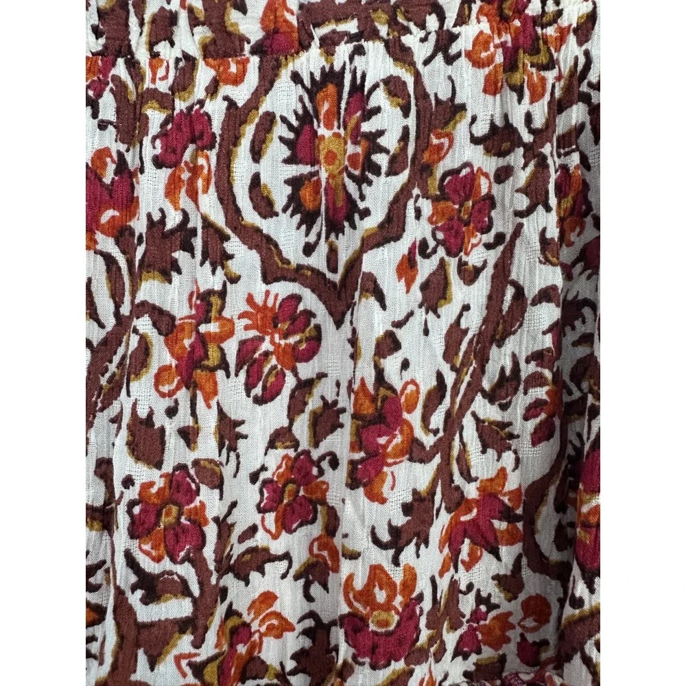 Cynthia Rowley Tiered Midi Skirt Womens Large Orange Floral Boho Cottage Crinkle